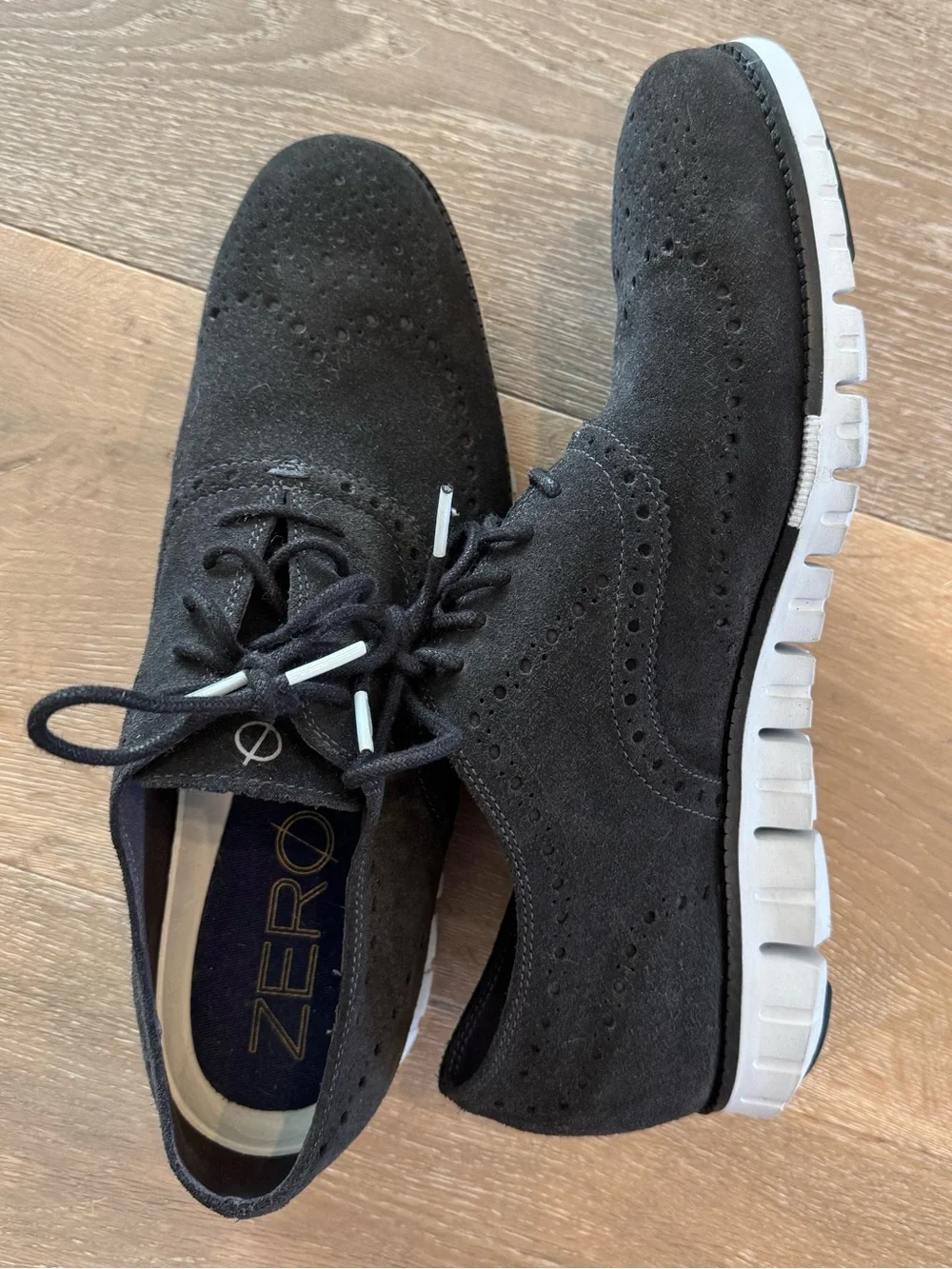 Cole Haan Zero Grand Black Suede Wingtip Oxfords with White Lightweight Sole